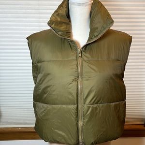 XXL Army Green Cropped High Neck Zippered Puffer Vest Jacket Coat-Shiyifa